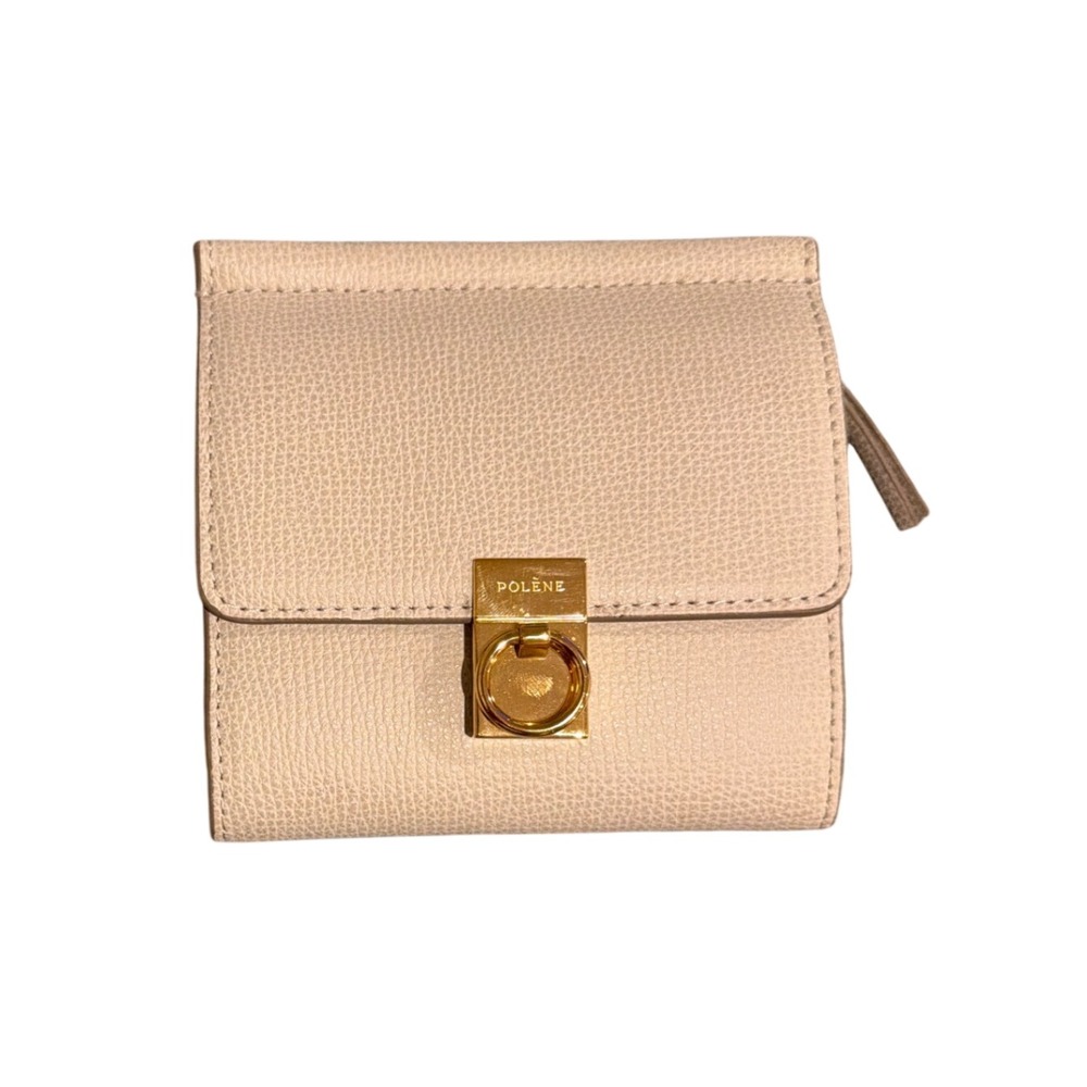 Polene Numero Sept Wallet Textured Chalk Leather Gold Hardware Compact Tri-Fold
